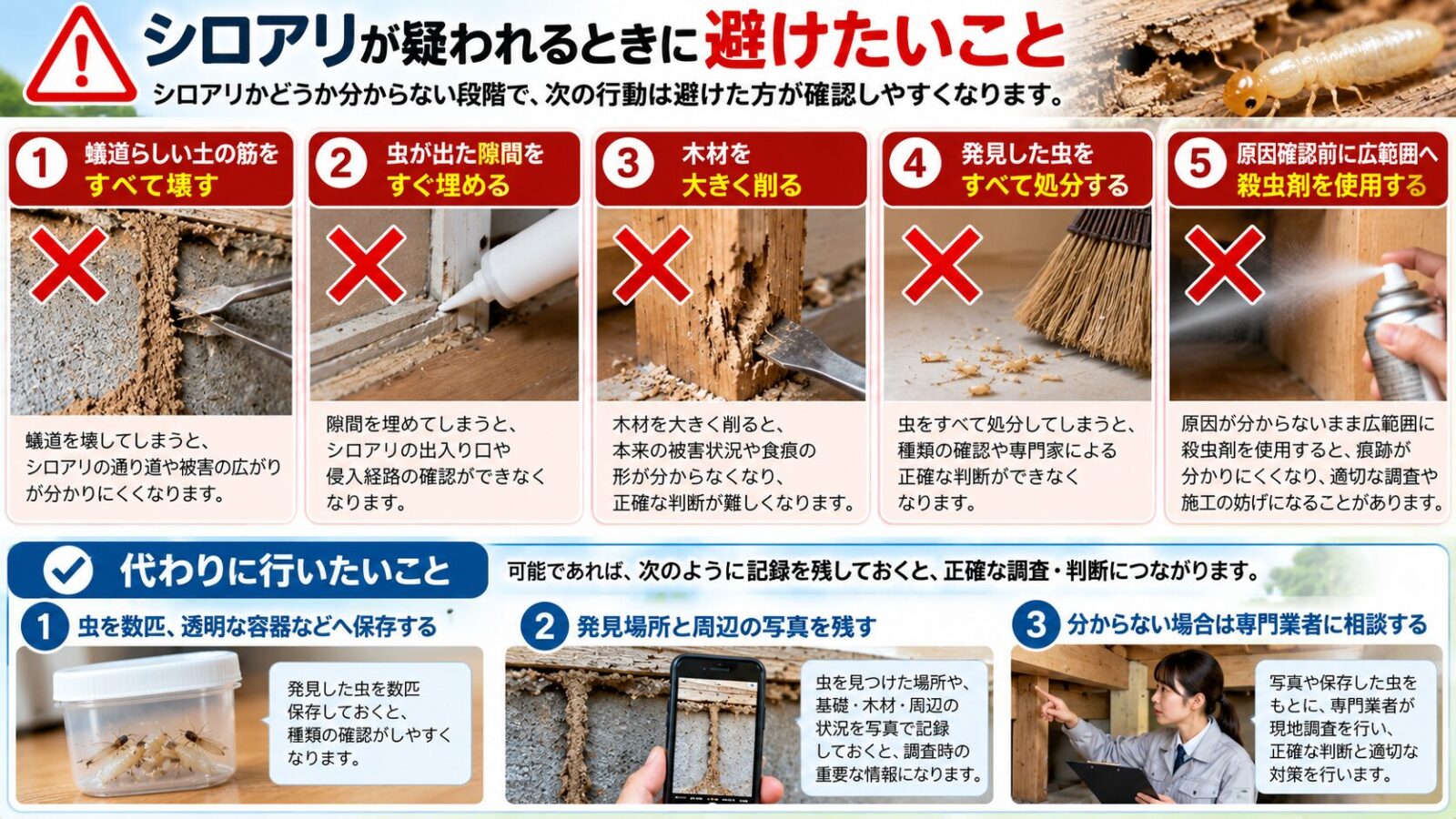 シロアリが疑われるときに避けたい5つの行動を写真付きで解説したインフォグラフィック。蟻道をすべて壊す、虫の出た隙間を埋める、木材を大きく削る、発見した虫を処分する、原因確認前に広範囲へ殺虫剤を使用する行為を紹介。代わりに虫を透明な容器に保存し、発見場所や周囲の写真を記録して専門業者に相談する方法を説明。