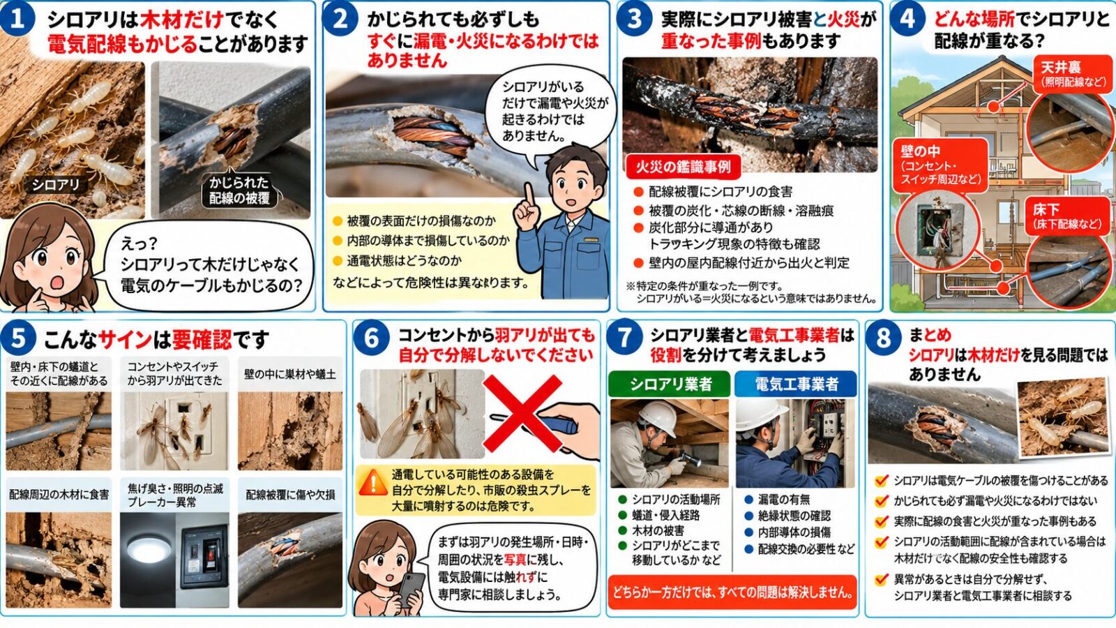 シロアリによる電気配線の被覆損傷と漏電・火災リスクを解説する8コマ漫画。床下・壁内・天井裏の被害兆候、コンセント周辺の羽アリ、安全上の注意点、シロアリ業者と電気工事業者の役割分担を写真付きで紹介。