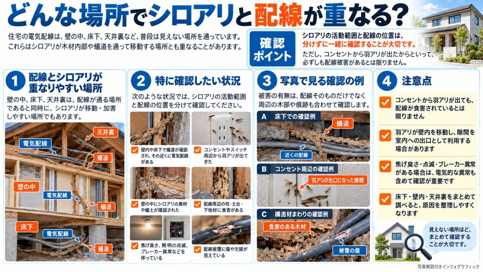 シロアリと電気配線が重なりやすい床下・壁内・天井裏を写真付きで解説。蟻道、羽アリの発生、木材の食害、配線被覆の損傷など6つの確認ポイントを紹介。