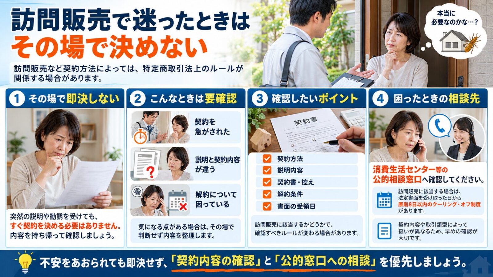 訪問販売で契約を迷ったときの確認ポイントを解説するインフォグラフィック|その場で即決せず、契約方法・説明内容・契約書・解約条件を確認し、消費生活センターなど公的相談窓口へ相談する流れを紹介