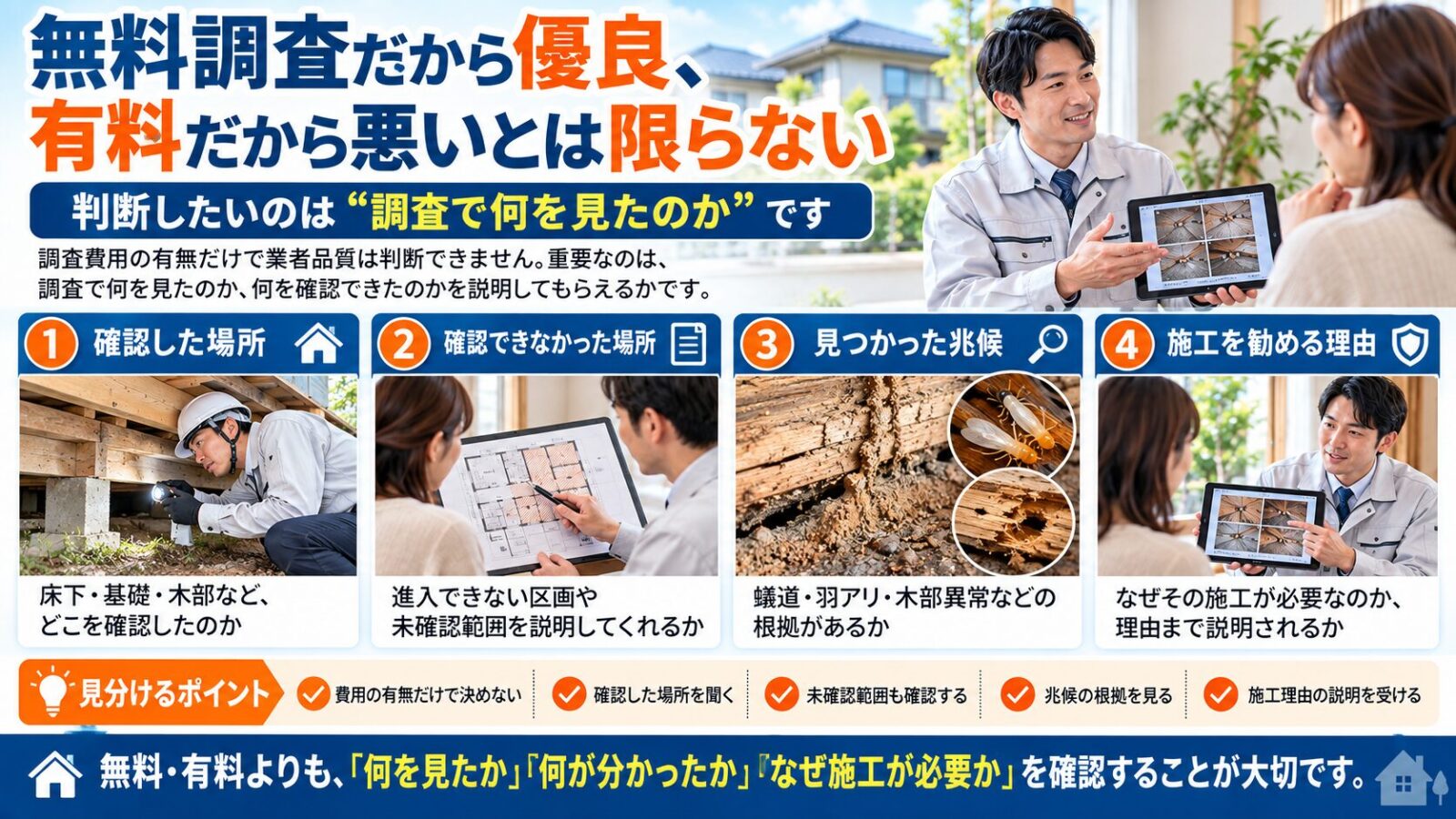 シロアリ調査は無料・有料だけで業者品質を判断せず、確認した場所・未確認箇所・見つかった兆候・施工を勧める理由まで説明できるか確認する重要性を解説したインフォグラフィック