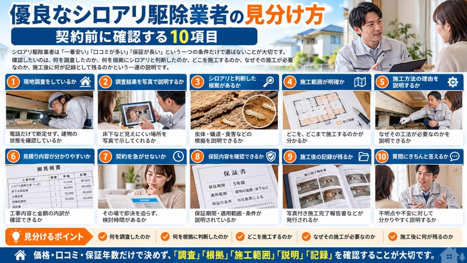 優良なシロアリ駆除業者を見分ける10項目を解説するインフォグラフィック|現地調査・写真説明・判断根拠・施工範囲・施工方法・見積り・契約・保証・施工記録・質問対応の確認ポイントを紹介