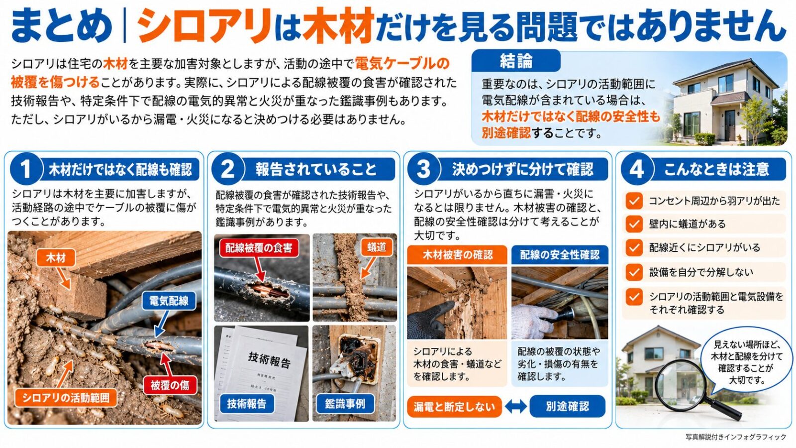 シロアリによる木材の食害と電気配線の被覆損傷を写真付きで解説。蟻道や配線被害の事例、漏電・火災リスク、木材と電気設備をそれぞれ確認する重要性を紹介。