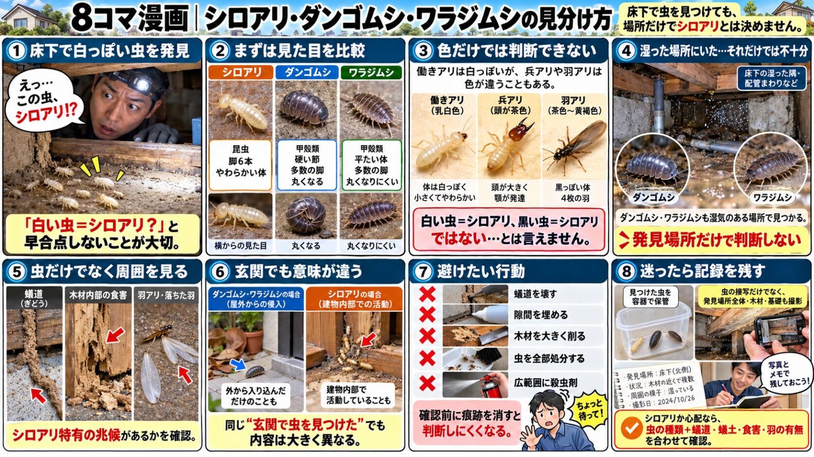 シロアリ・ダンゴムシ・ワラジムシの見分け方を写真付きの8コマ漫画で解説。床下で見つかる虫の脚の数、体の形、色、丸くなる習性を比較し、働きアリ・兵アリ・羽アリの特徴を紹介。湿った場所にいるだけではシロアリと判断できないことや、蟻道・木材内部の食害・落ちた羽などの確認ポイント、殺虫剤の使用を避けて虫や発見場所の写真を記録する重要性を説明。
