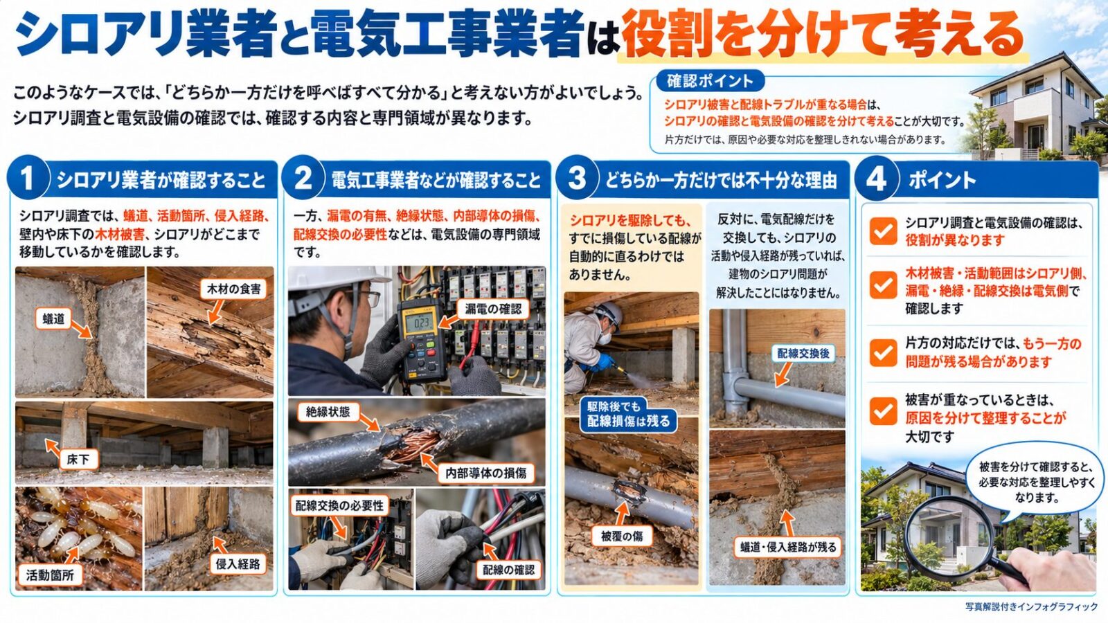 シロアリ業者と電気工事業者の役割分担を写真付きで解説。蟻道・木材被害・侵入経路の調査と、漏電・絶縁状態・配線損傷の確認について比較した図解。