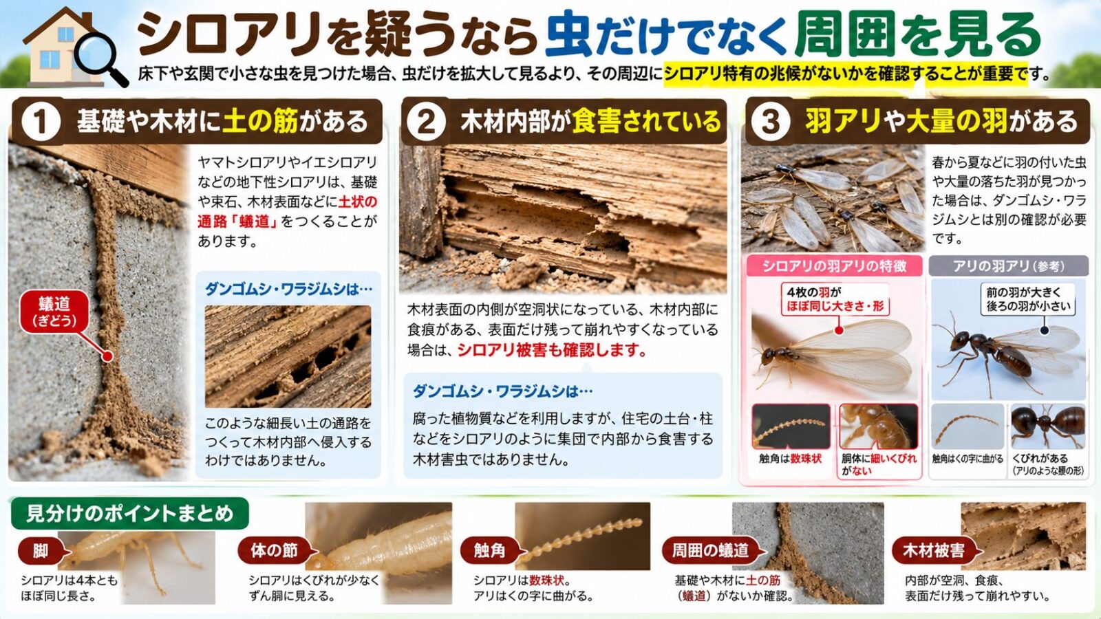 シロアリを疑う際に確認したい周囲の兆候を写真付きで解説したインフォグラフィック。基礎や木材にできる土状の蟻道、木材内部の食害や空洞、羽アリや大量の落ちた羽の特徴を紹介。ダンゴムシ・ワラジムシとの違いや、シロアリの脚・体のくびれ・数珠状の触角、羽アリと通常のアリの見分け方も比較。