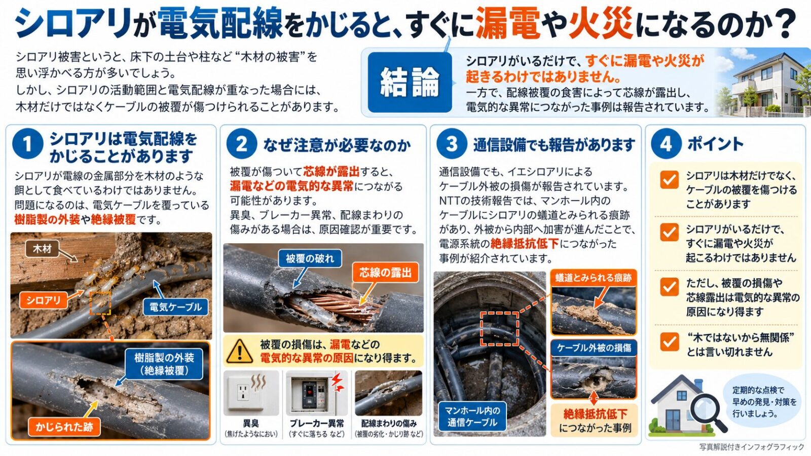 シロアリによる電気配線の被覆損傷と漏電・火災リスクを解説する図解。芯線の露出や蟻道の痕跡、通信ケーブルの被害事例を写真付きで紹介。